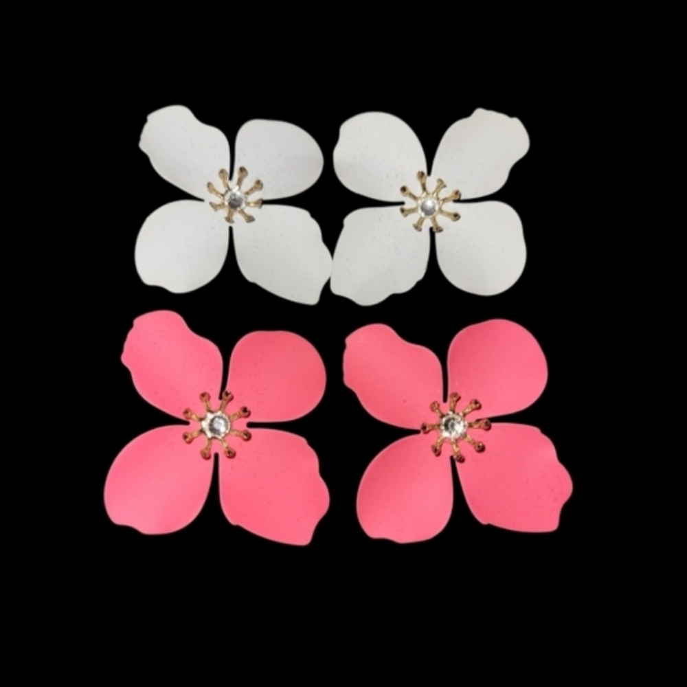 2 Pair Flower Metal Earrings Rhinestone Centers Boho Fairy Fairycore